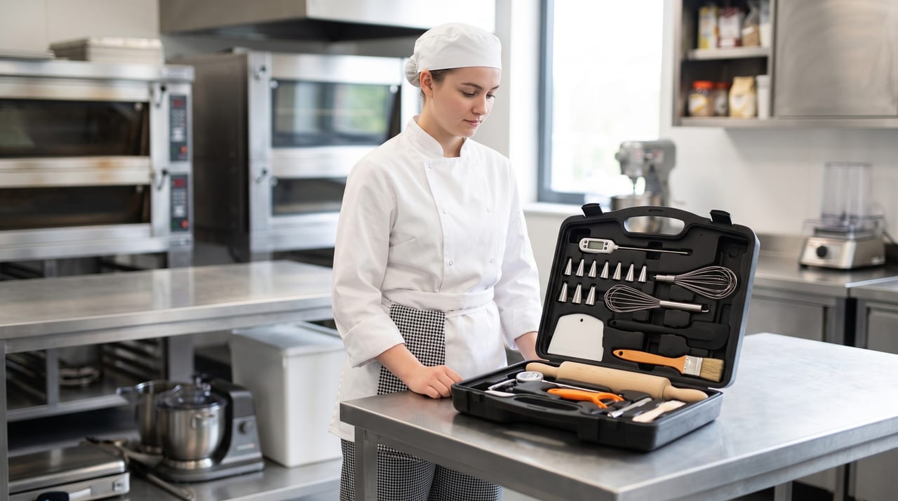 Candidate en tenue de pâtissier (veste blanche, pantalon pied-de-poule, calot) devant sa mallette de CAP ouverte montrant thermomètre, douilles, fouet, corne, rouleau et pinceau, dans un laboratoire